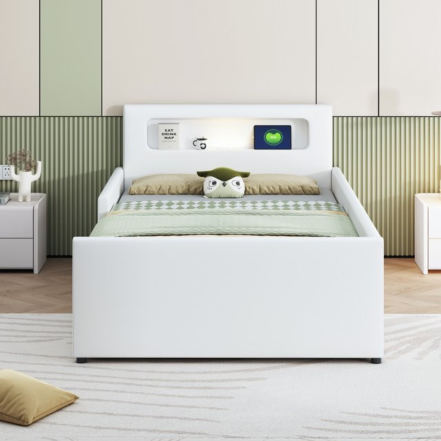KOMHTOM Kinderbett Einzelbett aus Kunstleder mit Nachtlicht, USB-Ladeanschluss und Ablagefächern, B/T/H: 90 x 200 cm, Beige/Weiß - Bild 1