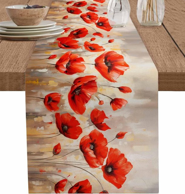JINGYUE Pet Tischläufer aus Leinen mit rotem Mohnblumen-Blumenmuster, B/H: 150 x 33 cm, rot - Bild 1