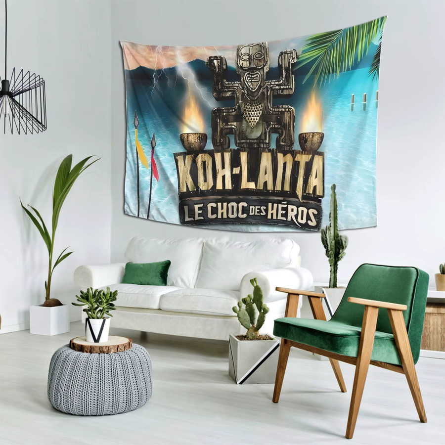 VIKAMA Tiki-Totem-Wandteppich mit tropischem Insel-Motiv und Retro-Stammestatue in Multicolour - Bild 2