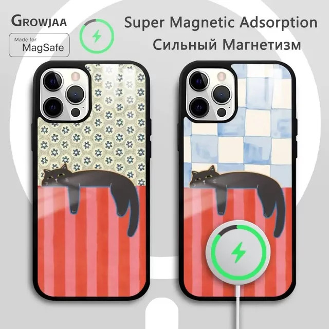 Handyhülle mit schwarzer liegender Katze und roten Streifen für Apple iPhone 11 bis 17 Pro Max Plus Mini, kompatibel mit Wireless Magnetic Case, Farbe: Schwarz/Rot - Bild 1