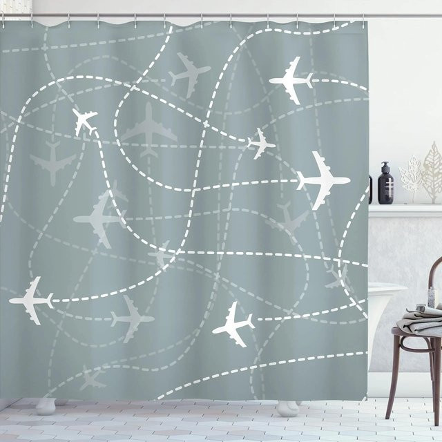 Wasserfester Duschvorhang mit Flugzeug-Illustration in Blau von Monika Chen, Polyester, B: 60 cm, H: 190 cm - Bild 1