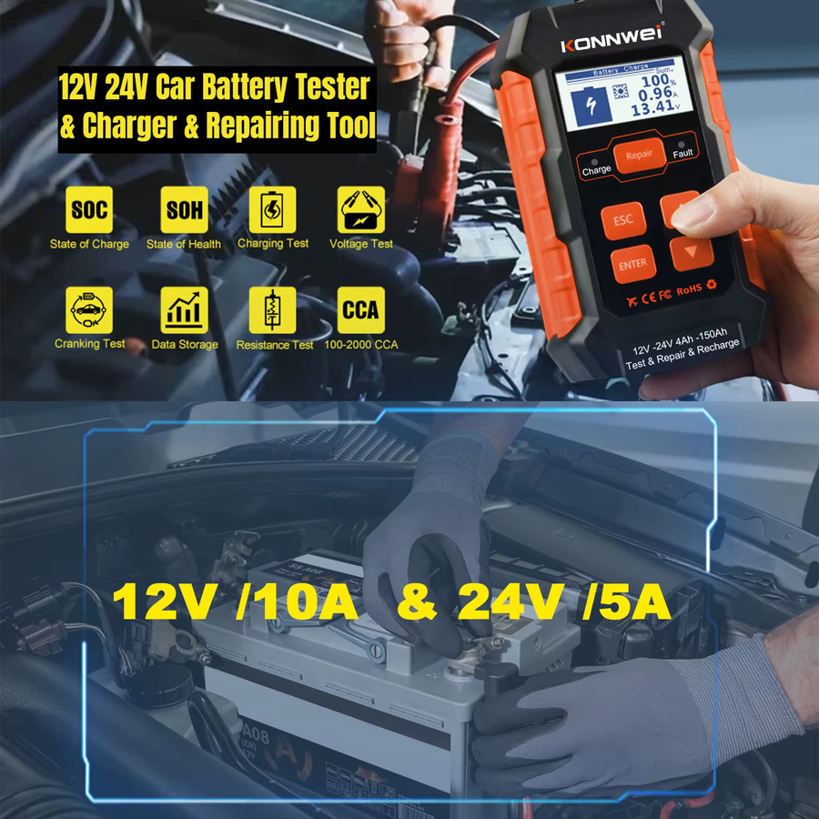 KONNWEI KW520 3-in-1 Multifunktionaler Autobatterietester und 12V Ladegerät für Blei-Säure, AGM und Lithium Batterien mit Pulsreparaturfunktion - Bild 2