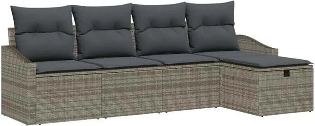 vidaXL Garten-Sofa-Set aus Polyrattan in Grau mit Kissen und Ottoman, 5-teilige L-Form Lounge-Garnitur für Terrasse und Garten - Bild 1
