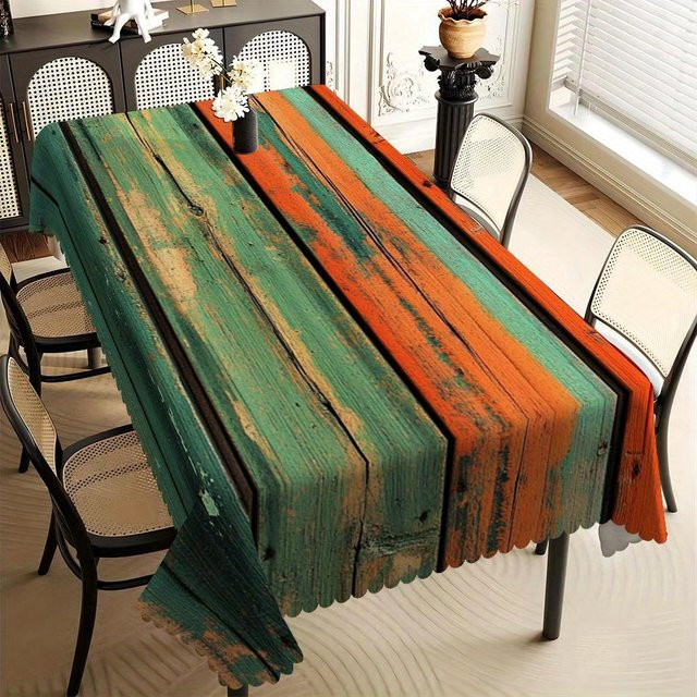JINGYUE Pet Tischdecke im Retro-Stil mit Holztextur, Grün und Orange, wasserabweisend, B/B: 140 x 140 cm - Bild 1