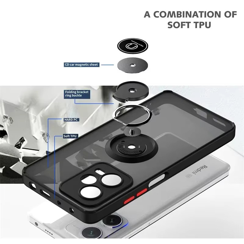 Magnetische Schutzhülle mit Auto-Ring-Halter für Xiaomi Redmi Note 14 13 12 Pro Plus 4G 5G, militärische Rüstung, matte Anti-Fall-Hülle in Schwarz und Rot - Bild 6