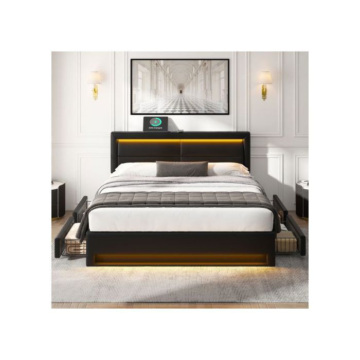 Gepolstertes Bett MUVOE in Schwarz mit LED-Beleuchtung, USB-Anschluss und 4 Schubladen, B/T/H: 140 x 200 cm - Bild 2