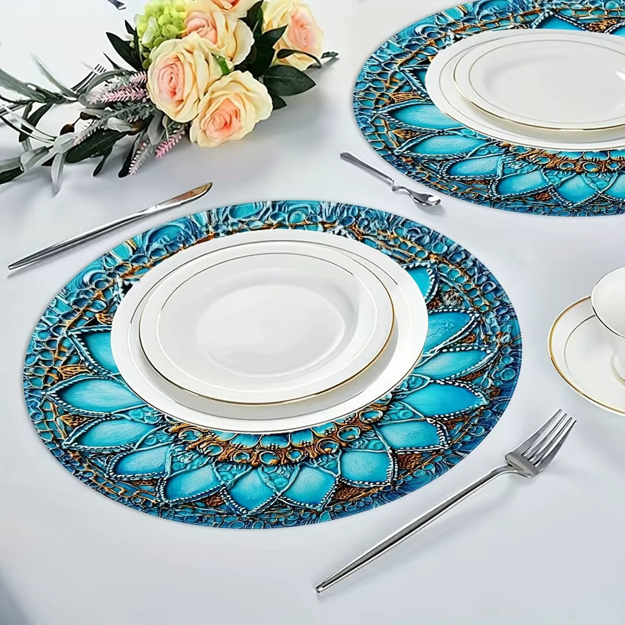 VIKAMA 4-teiliges Vintage-Tischset aus Leinen in Blau und Gold, runde Platzsets mit grafischem Design - Bild 2