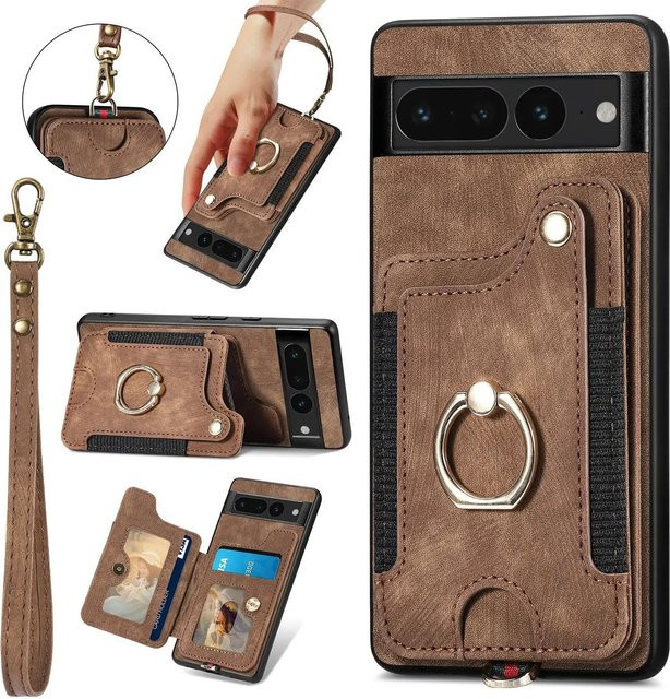 Flip Leder Brieftasche und Handyhülle für Google Pixel 8 Pro, 7 Pro, 8A, 7A, 6A mit Kartenhalter, Stoßfestem Kickstand und Handschlaufe, Braun - Bild 1