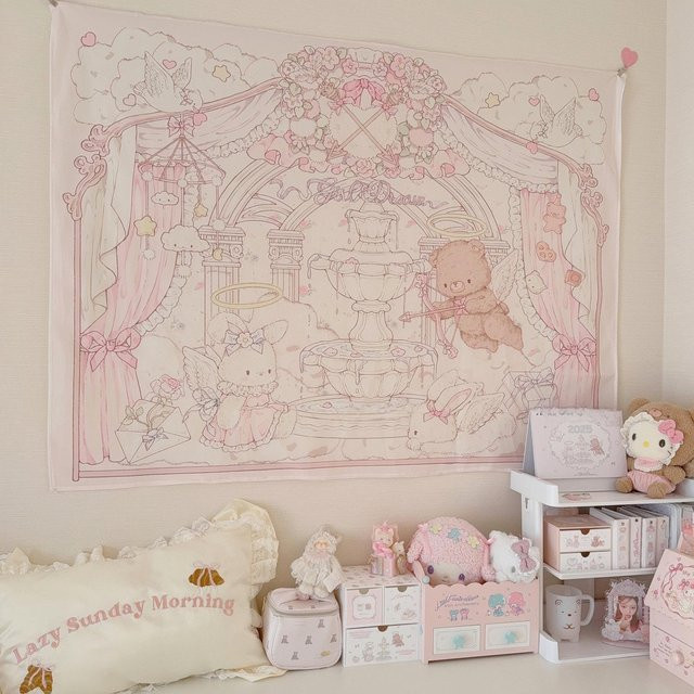 VIKAMA Wandteppich für Mädchen mit Herz- und Tiermotiven in Pink, Hängende Dekoration für Wohnheim und Schlafzimmer, Breite: 60 cm, Höhe: 40 cm - Bild 1