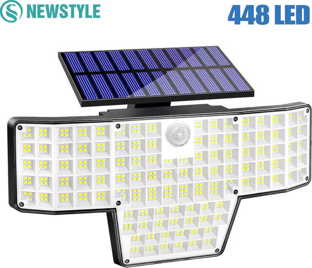 Solar-LED-Wandleuchte mit Bewegungssensor und 448 LEDs, wasserdichte Außen-Flutlichtleuchte IP65 in Schwarz für Garten und Hof - Bild 1