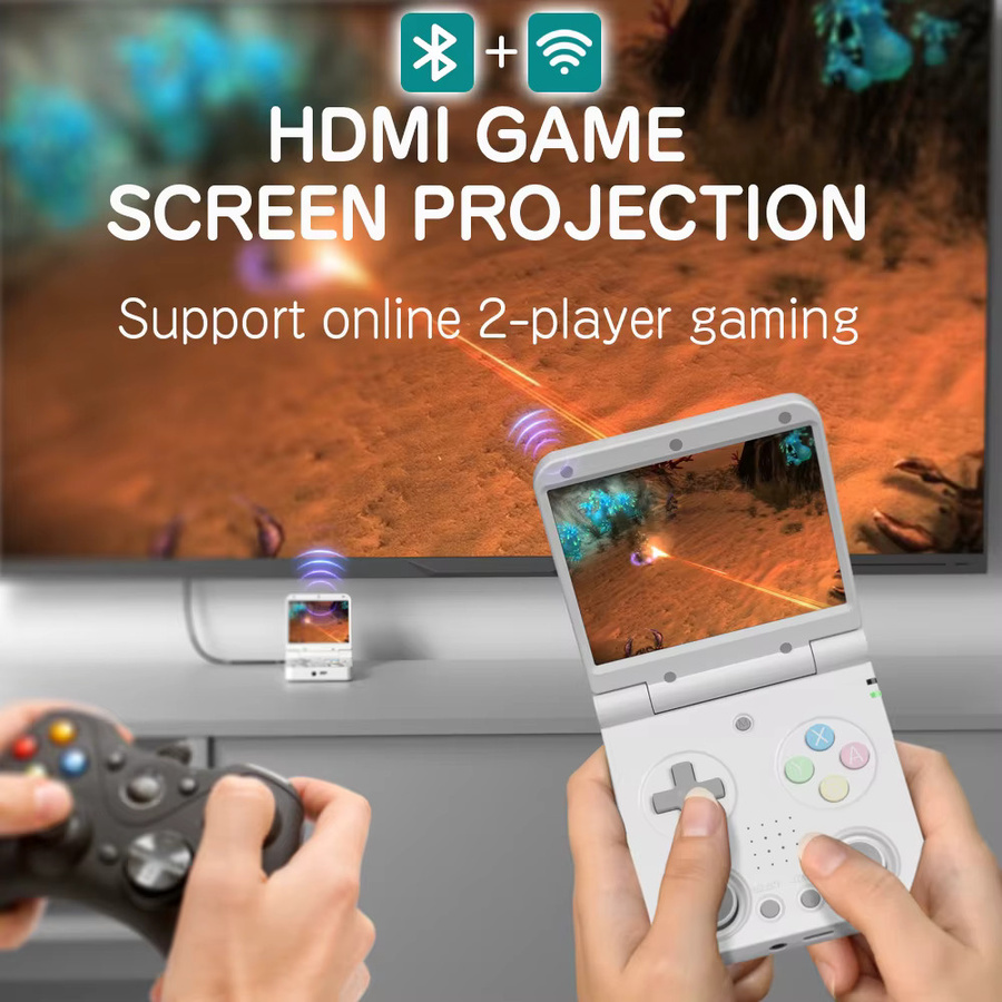 MIYOO Flip V2 Retro-Handheld-Spielkonsole mit 3,5 Zoll IPS-Bildschirm und Metallscharnier in Gelb und Weiß - Bild 3
