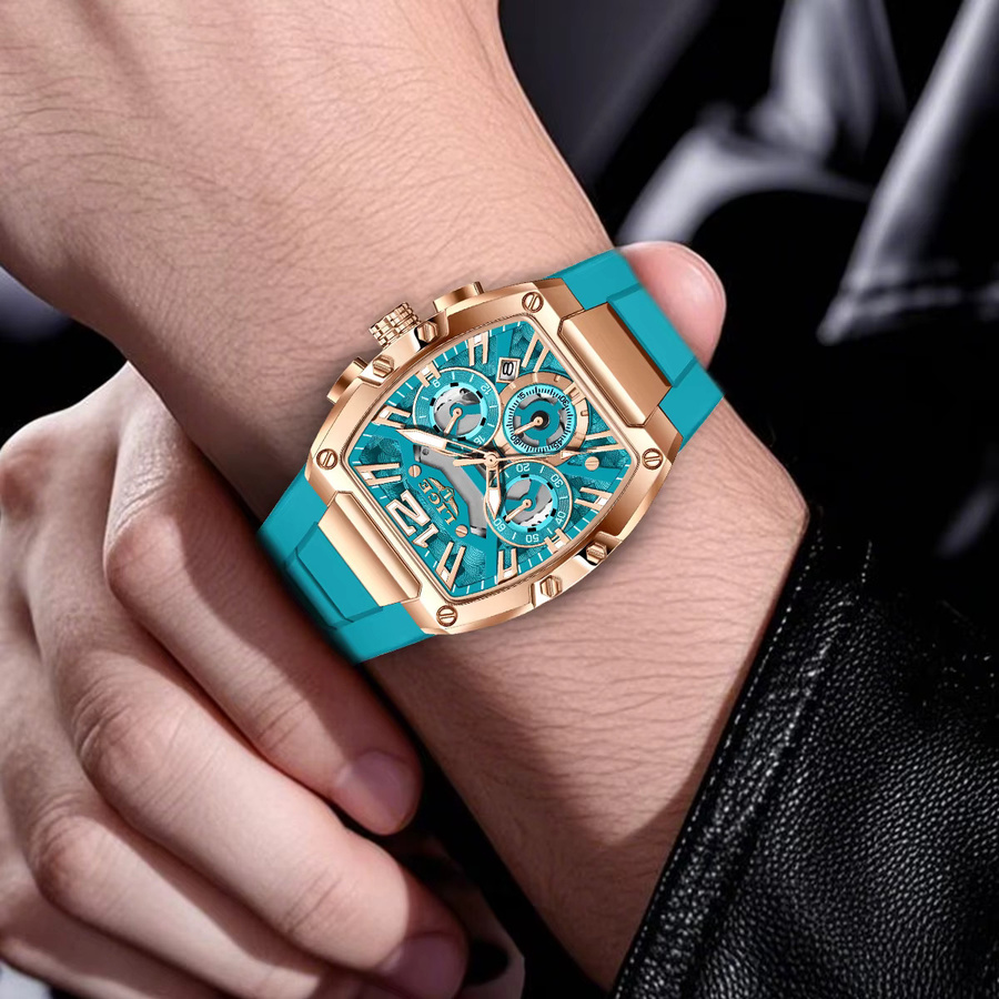 LIGE Chronograph Armbanduhr, Quarz, Tonneau, Blau, Silikonarmband, Herren - Bild 6