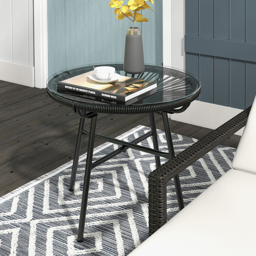 Outsunny Rattan Beistelltisch rund mit Glastischplatte in Schwarz für Terrasse Balkon und Garten, B/T/H: 50 x 50 x 50 cm - Bild 2