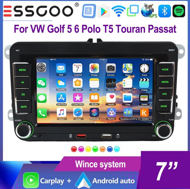 ESSGOO Autoradio mit 7 Zoll IPS-Touchscreen, kabelloses CarPlay, Android Auto, Bluetooth 5.0 und Mirror Link, Schwarz, passend für VW Golf 5 6, Polo, T5, Touran und Passat - Bild 1