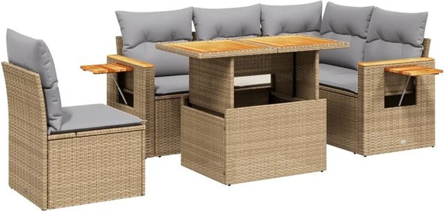 vidaXL 6-tlg Garten-Sofagarnitur aus Poly-Rattan und Akazienholz in Beige mit Kissen Modell 395 - Bild 1