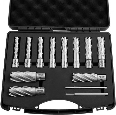 VEVOR HSS-Kernbohrer Set mit Weldon-Schaft, 13-teiliges Magnetbohrer-Set in Silber für Stahl, Schnittdurchmesser 11,11–26,98 mm, Schnitttiefe 50,8 mm, inklusive 2 Zentrierstiften und Kunststoffkoffer - Bild 1