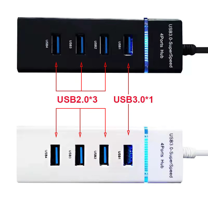 OULLX USB 3.0 Hub mit 4 Ports High Speed Datenübertragung und LED-Anzeige als Kabelsplitter und Ladestation in Schwarz oder Weiß - Bild 3