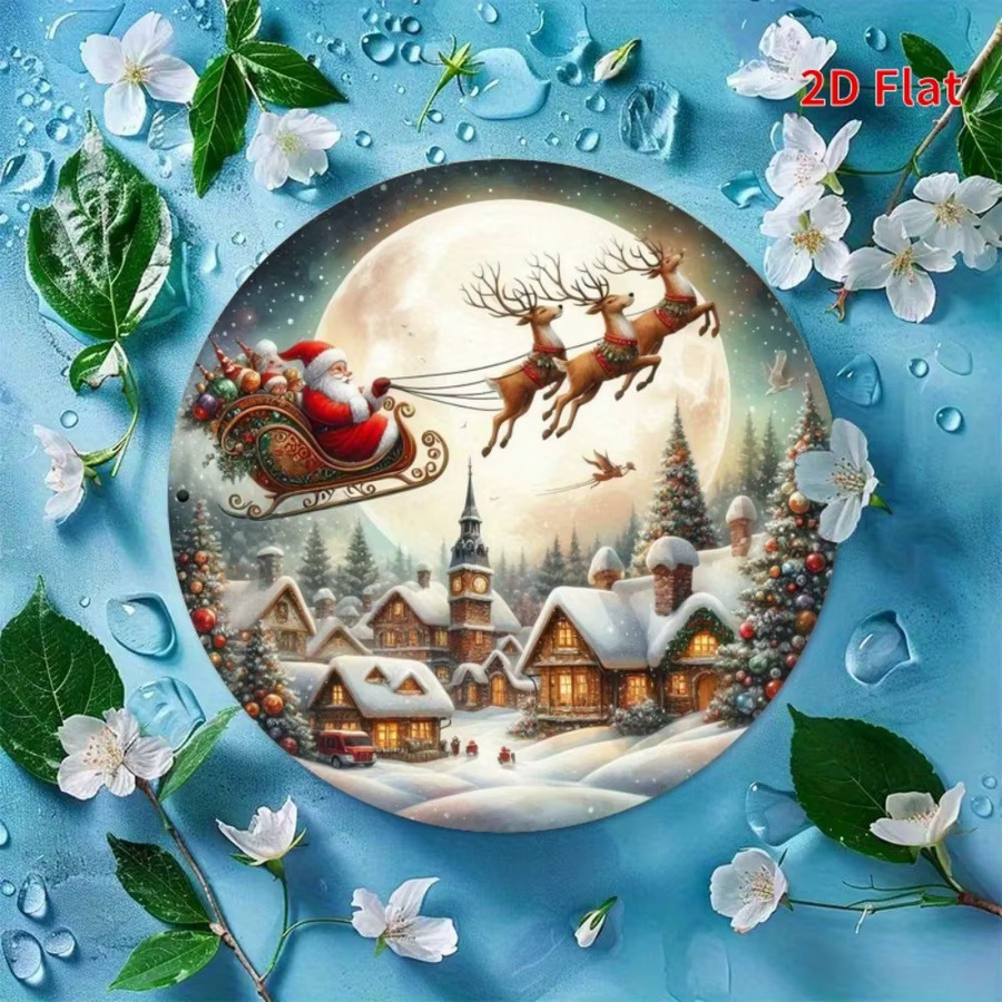 HELLOYOUNG Vintage Weihnachtsmann Schlitten Metall Wanddekoration mit Rentier und Winterdorf, Mehrfarbig, B/H: 20 x 20 cm - Bild 3