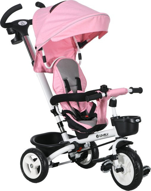 HOMCOM 2in1 Kinderdreirad mit Schubstange und Sonnendach, faltbar, Rosa - Bild 1