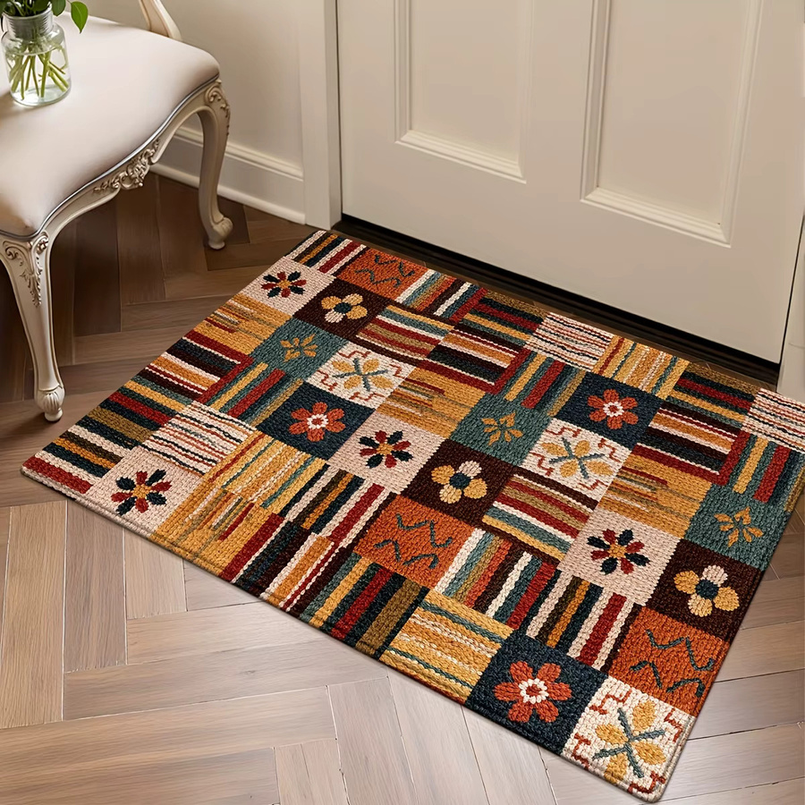 VIKAMA Vintage Bodenmatte mit Karomuster in Multicolour, rechteckiger Teppich für den Eingangsbereich, B/T: 60 x 40 cm - Bild 3