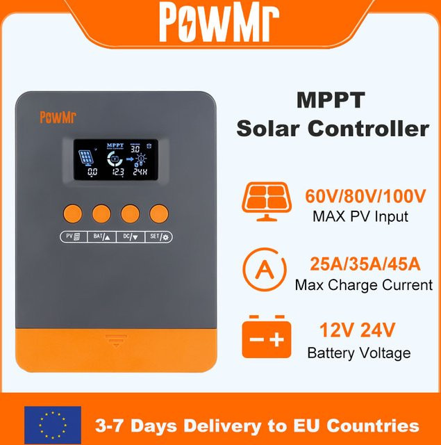 PowMr MPPT Solarladeregler für 12V und 24V in Grau, passend für LiFePO4 Batterien, maximaler PV-Eingang 100VDC - Bild 1