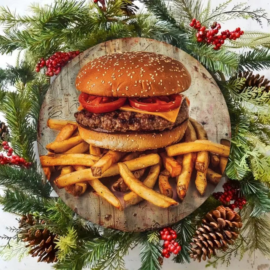 Vintage Metallschild CIFBUY mit Hamburger und Pommes als Wanddekoration aus Aluminium, Breite: 20,32 cm, Höhe: 20,32 cm - Bild 3