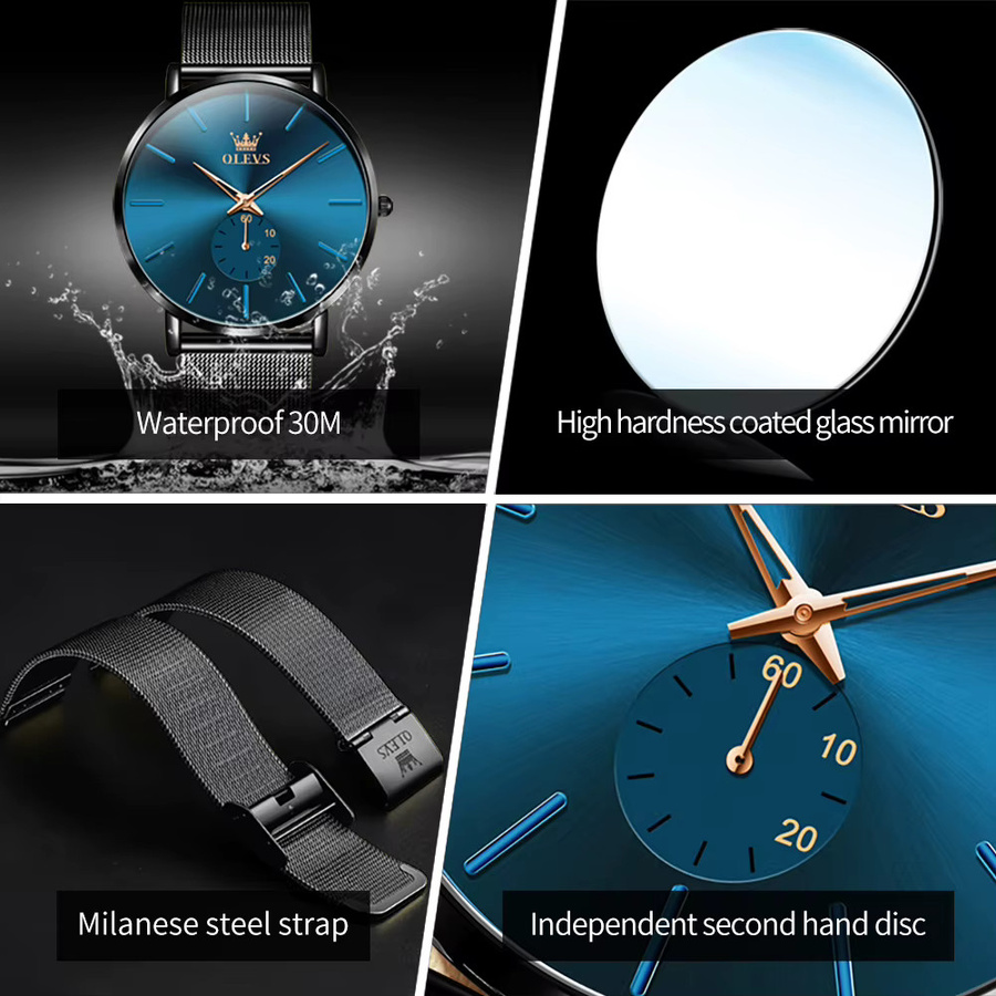 OLEVS Armbanduhr, Quarz, Edelstahl, Milanaise, Black Blue, Herren - Bild 6