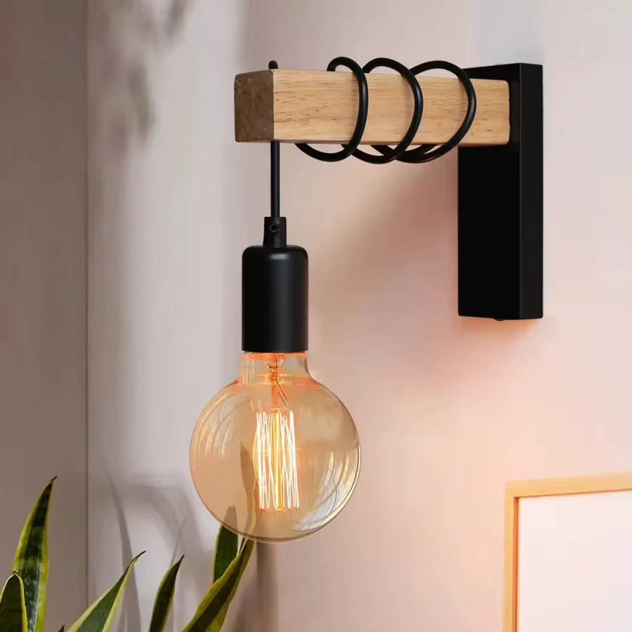 JOYINLED Retro Wandleuchte aus Holz im Industriestil mit E27 Fassung, Schwarz, Warmweißes Licht - Bild 2