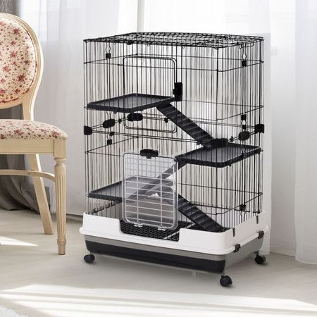 PawHut Kleintierkäfig aus Metall mit 4 Rollen und 2 Plattformen, Schwarz, B: 81,2 cm, T: 52,7 cm, H: 110 cm
