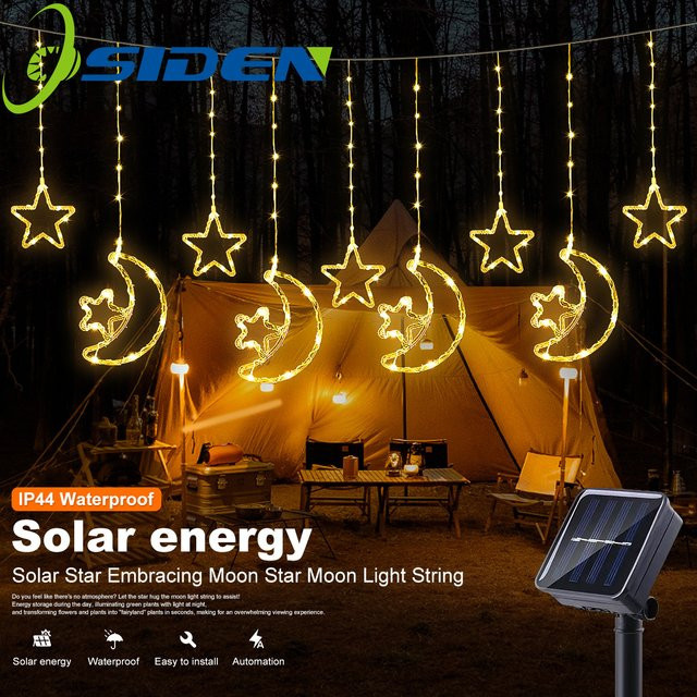 OSIDEN Solar LED Lichterkette mit Stern und Mond, 120 LEDs, Warmweiß, für Außenbeleuchtung bei Hochzeit, Party oder Dekoration - Bild 1