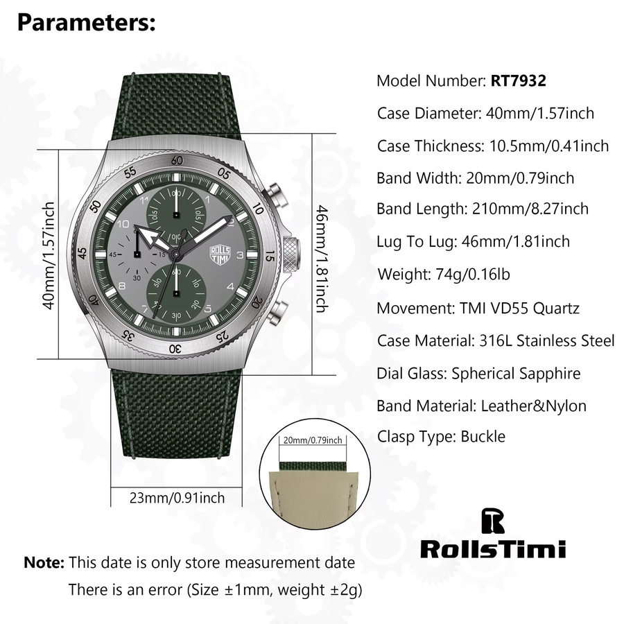 RollsTimi Chronograph, Quarz, Edelstahl, Grün, Textil/NATO, Herren - Bild 5