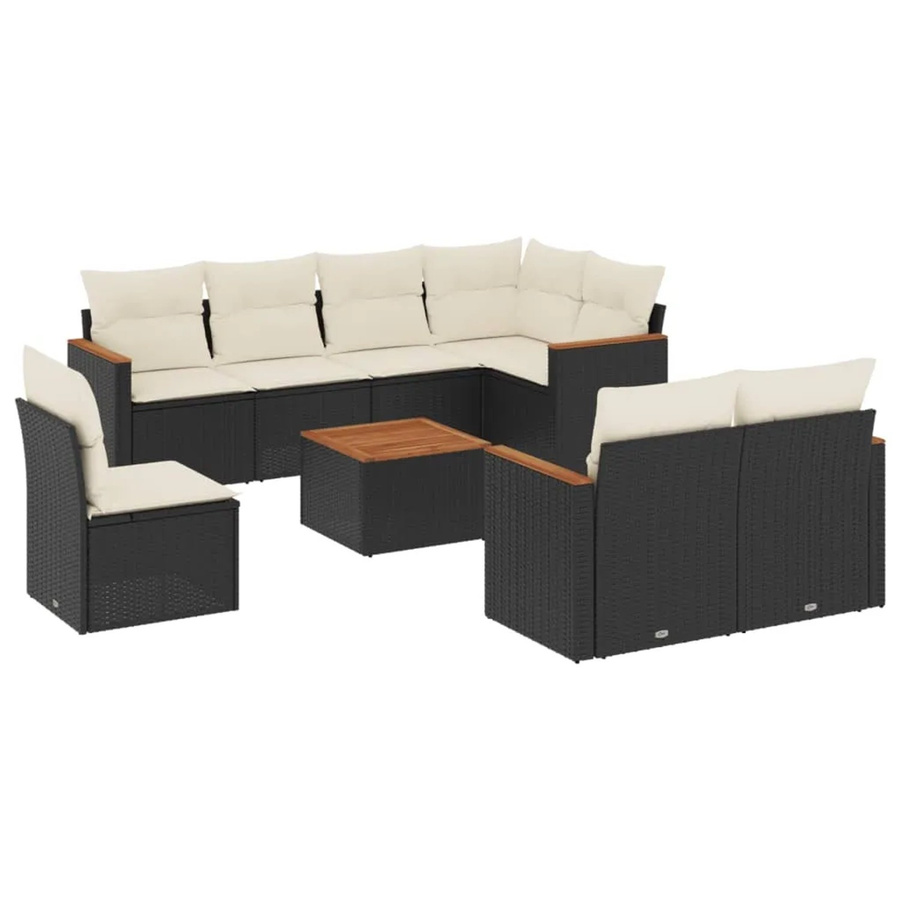 vidaXL 9-tlg. Garten-Sofagarnitur in L-Form aus Poly-Rattan und pulverbeschichtetem Stahl mit Kissen in Schwarz und Cremeweiß - Bild 2