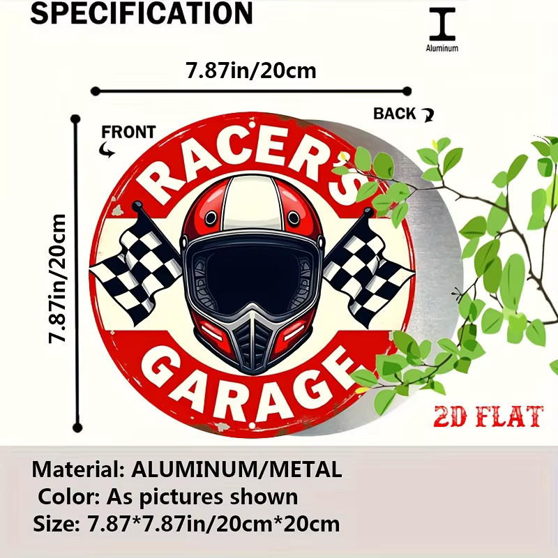 Potdemiel Vintage Metallschild Racer's Garage mit Rennflagge und Helm, Rund, Durchmesser: 20 cm, Rot - Bild 2