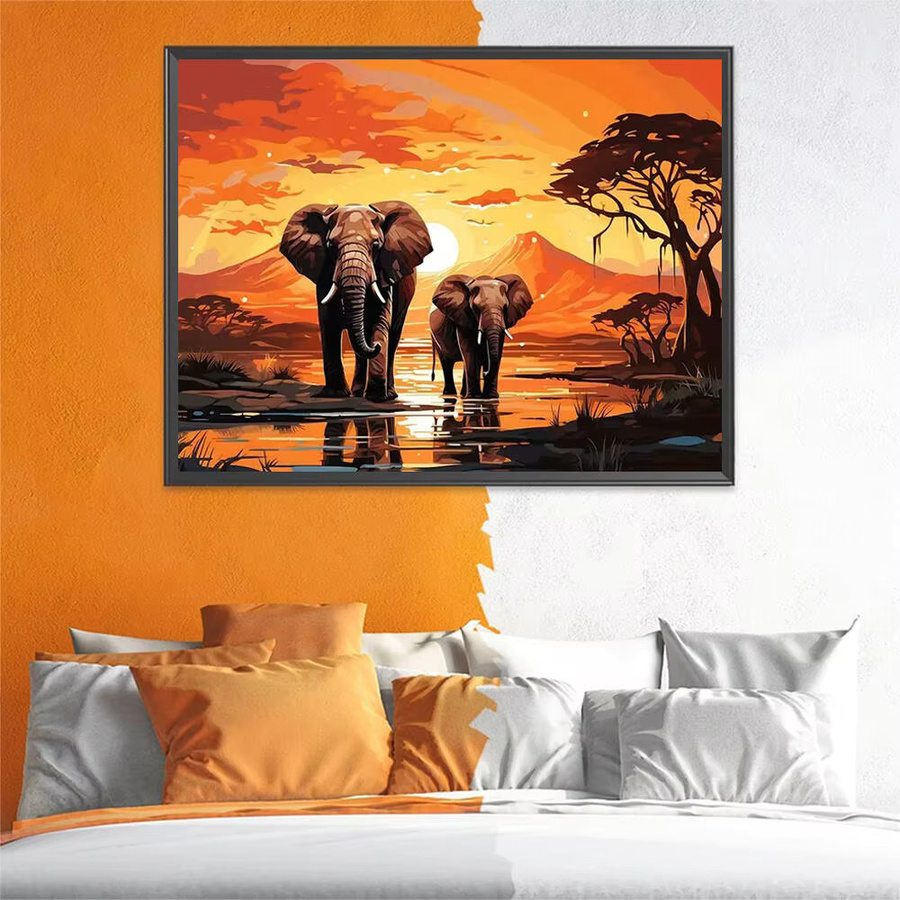 Huacan Diamant-Mosaik Set Elefant in Landschaft mit Sonnenuntergang, rund, Mehrfarbig, Durchmesser: 30 cm - Bild 3