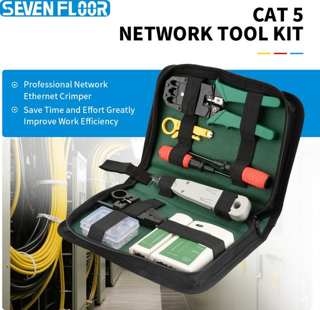RJ45 Crimpzange und Netzwerk-Handwerkzeugset mit Kabeltester, Krone Punch-Down-Werkzeug und Abisolierzange für Cat5 Modularstecker inklusive Aufbewahrungstasche - Bild 1