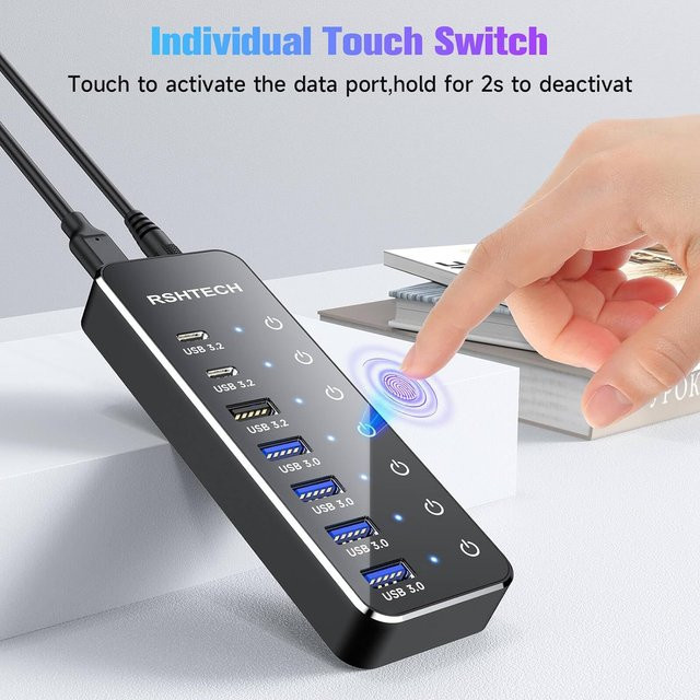 RSHTECH USB-C-Hub mit 7 Ports und 10 Gbit/s USB-C 3.2 Anschlüssen, schwarzer Laptop-USB-Splitter mit individuellen Touch-Switches und 5 V/3 A Netzteil - Bild 1