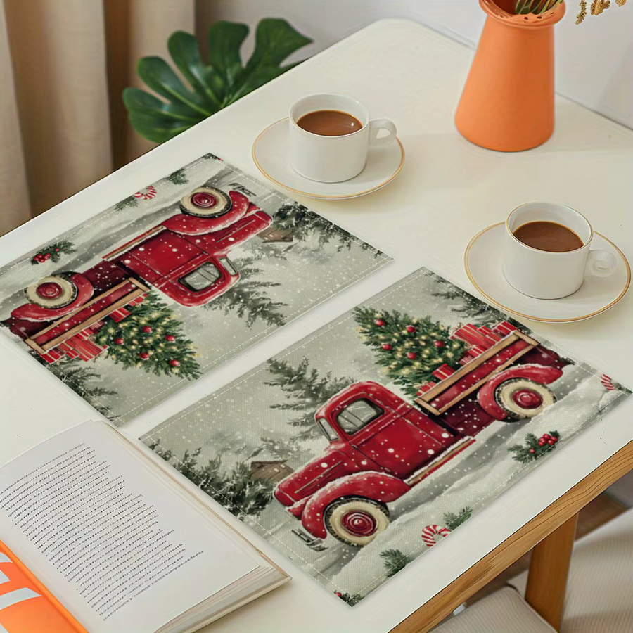 VIKAMA 4-teiliges Weihnachts-Tischset mit LKW-Schneeszene, buntes Platzset-Set für die Feiertagsdekoration - Bild 2