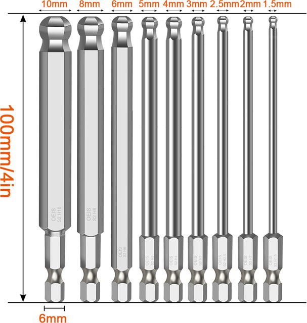 Vibratite Kugelkopf-Sechskant-Bits Set metrisch in Silber, magnetische Inbus-Bits 1,5mm bis 10mm - Bild 1