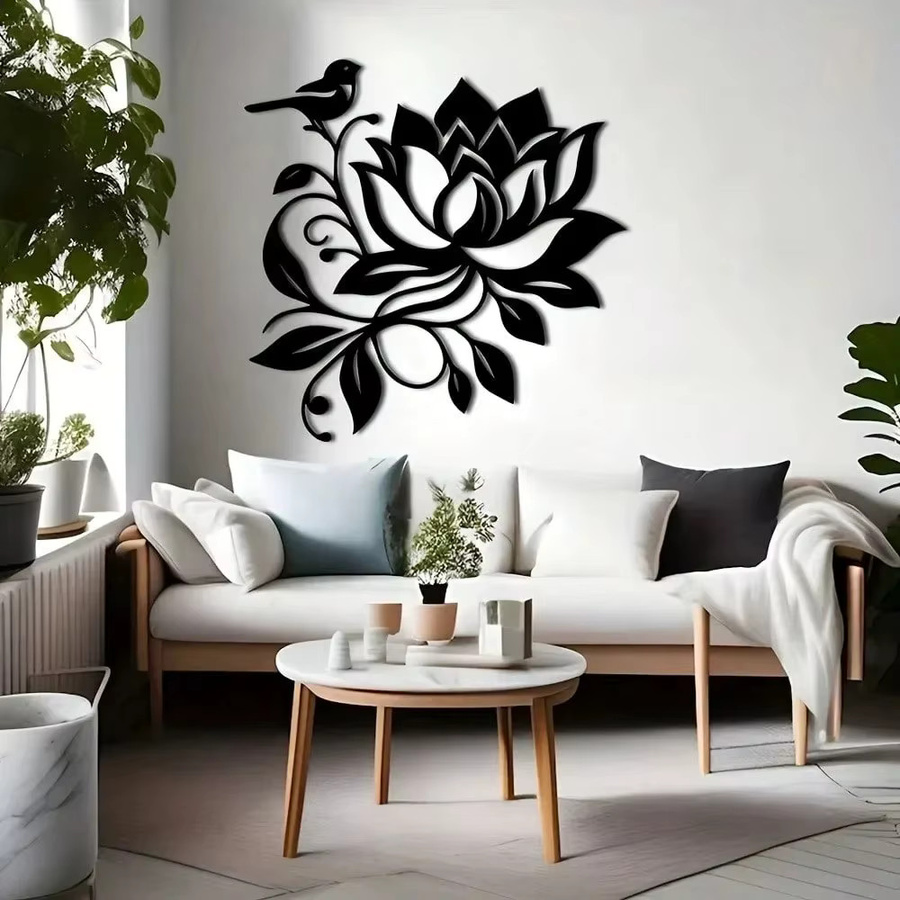 CIFBUY Moderne Wandkunst aus Metall in Schwarz-Weiß mit Lotus- und Vogel-Motiven - Bild 5