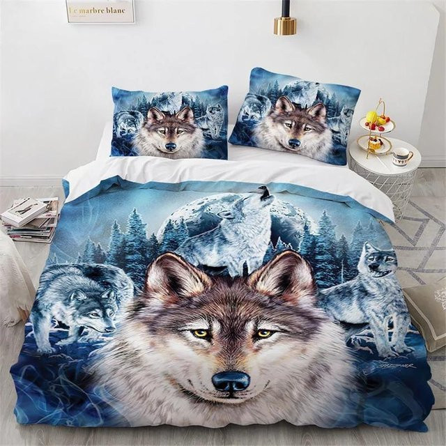 Bettwäscheset mit 3D Wildtier-Motiv Wolf Fuchs Elch von Binchi Outdoor Product in Blau, bestehend aus Bettbezug und Kissenbezug, B/H: 140 x 210 cm - Bild 1