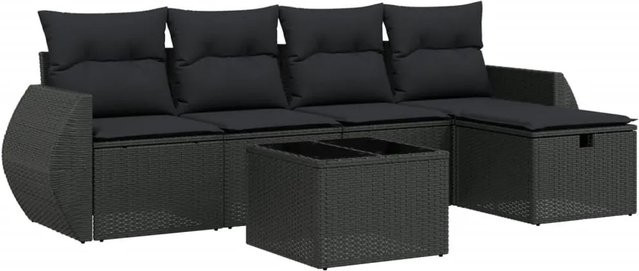 vidaXL 6-tlg Garten-Sofagarnitur aus schwarzem Poly-Rattan mit UV-beständigen Kissen und pulverbeschichtetem Stahlgestell - Bild 1