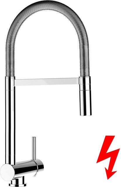 VIZIO Küchenarmatur für Niederdruck mit umklappbarem 360 Grad Schwenkauslauf und abnehmbarer 2-Strahl Handbrause, Verchromt, Silber - Bild 1