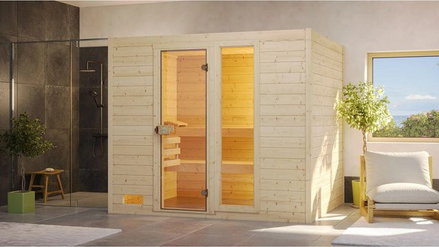 WEKA Massivholzsauna Valida 4 in Beige mit Glastür und Fenstern, B/H/T: 239 x 203,5 x 189 cm - Bild 1