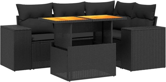 vidaXL 5-tlg Garten-Sofagarnitur in L-Form mit Kissen und Couchtisch, Schwarz, Poly-Rattan und Metallgestell - Bild 1