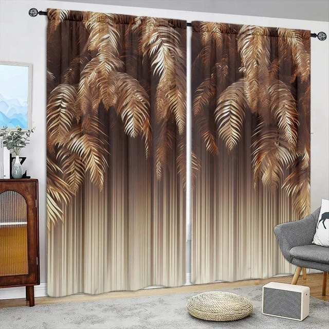 2er-Set Vorhang mit Palmenblattdruck in Weiß und Beige, halbtransparentes Fensterdekor aus Polyester mit Stangentasche, B: 52,5 cm, H: 116 cm - Bild 1