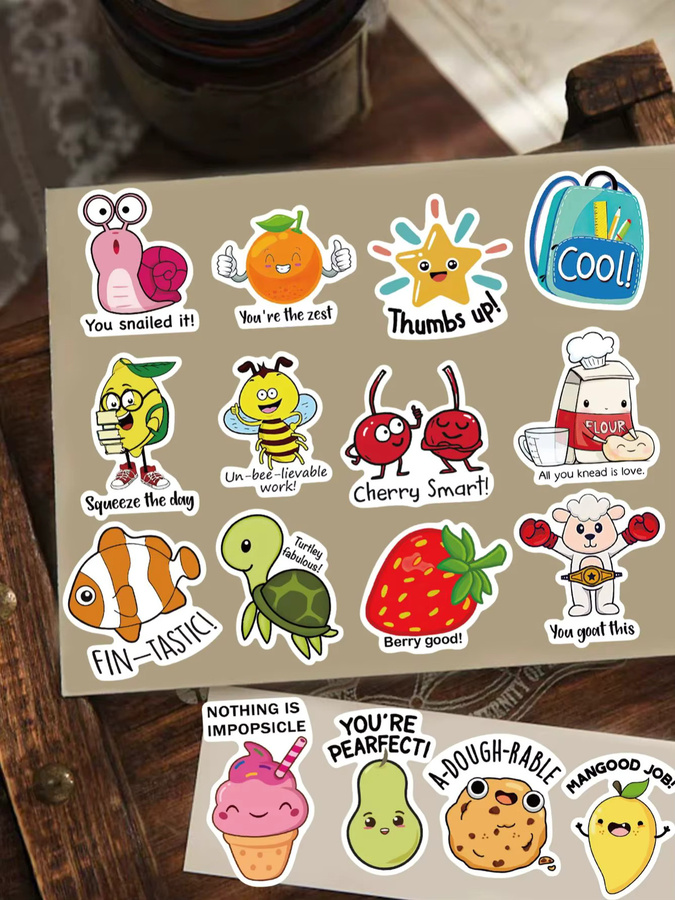 50 lustige Tier-Doodle-Aufkleber mit englischen Belohnungen und Ermutigungen, bunte Aufkleber für Wasserflaschen, Laptops und Mobiltelefone, Multicolor - Bild 2