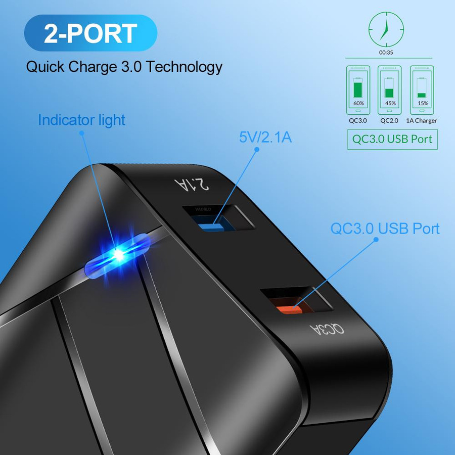 VAORLO 28W USB Schnellladegerät mit Doppelter USB 3.0 Buchse und Leuchtendem Anschluss in Schwarz - Bild 5