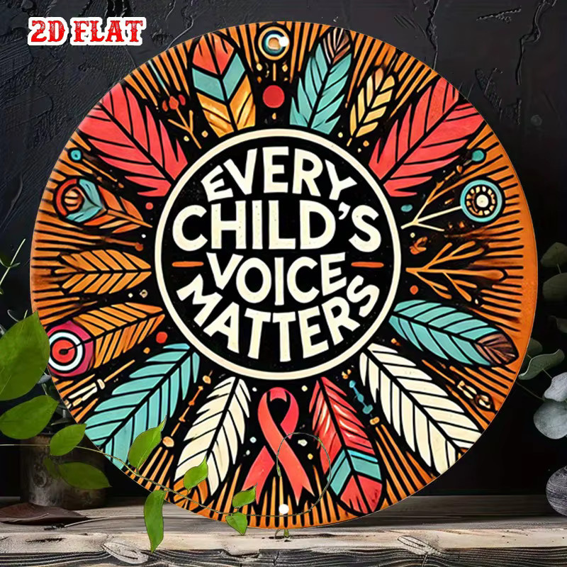 Potdemiel Rundes Aluminiumschild Every Child's Voice Matters, Bunte Metallwandkunst mit Federn und Geometrischem Design, Durchmesser: 20 cm - Bild 3