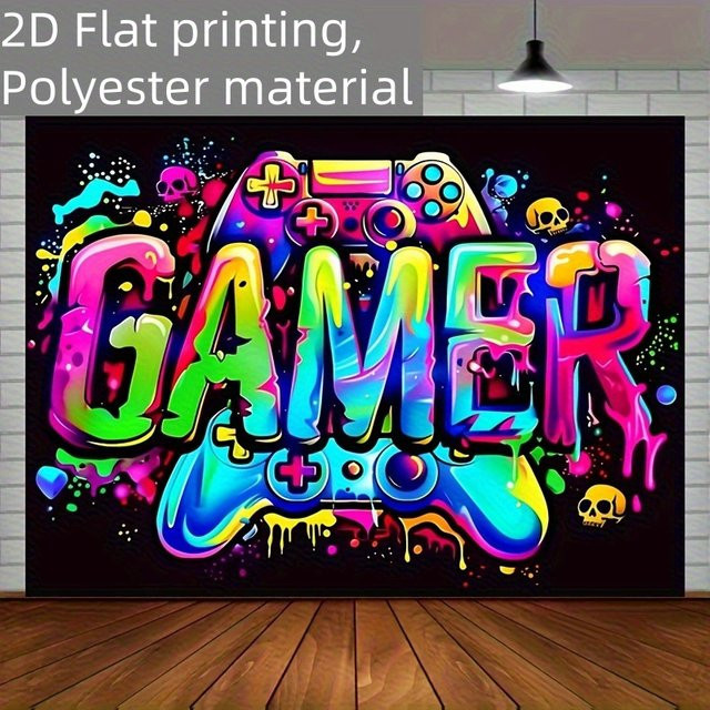 VIKAMA Wandteppich mit fluoreszierendem Gaming-Controller in Multicolour, moderner Textil-Wandbehang für Wohnzimmer, Schlafzimmer oder Büro, B/H: 75 x 58 cm - Bild 1