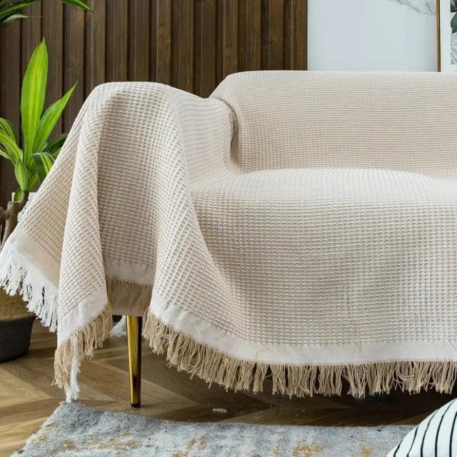 Morse Sofaüberwurf aus Baumwollmischung mit Quasten in Beige, B/B: 180 x 260 cm - Bild 1